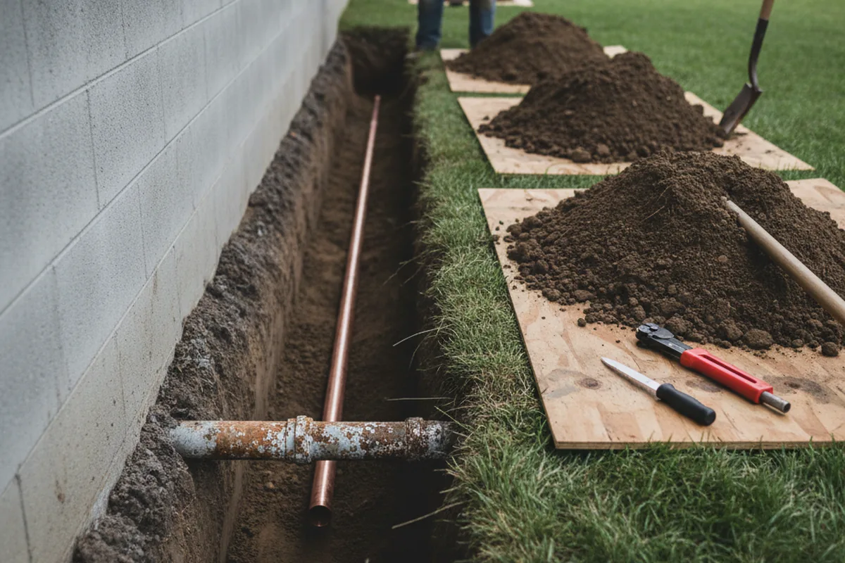 Excavated water line trench during Sewer Line Repair in Mission